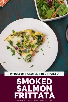 White plate with smoked salmon frittata with pinterest text on the bottom