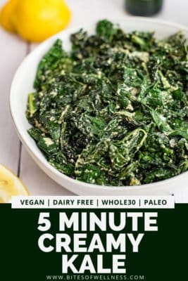 Large white bowl filled with 5 minute creamy kale with pinterest text on the bottom