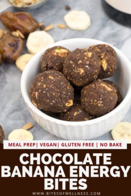 Bowl filled with dobuel chocolate banana energy bites with dried bananas around the bowl. Pinterest text on the bottom of the photo