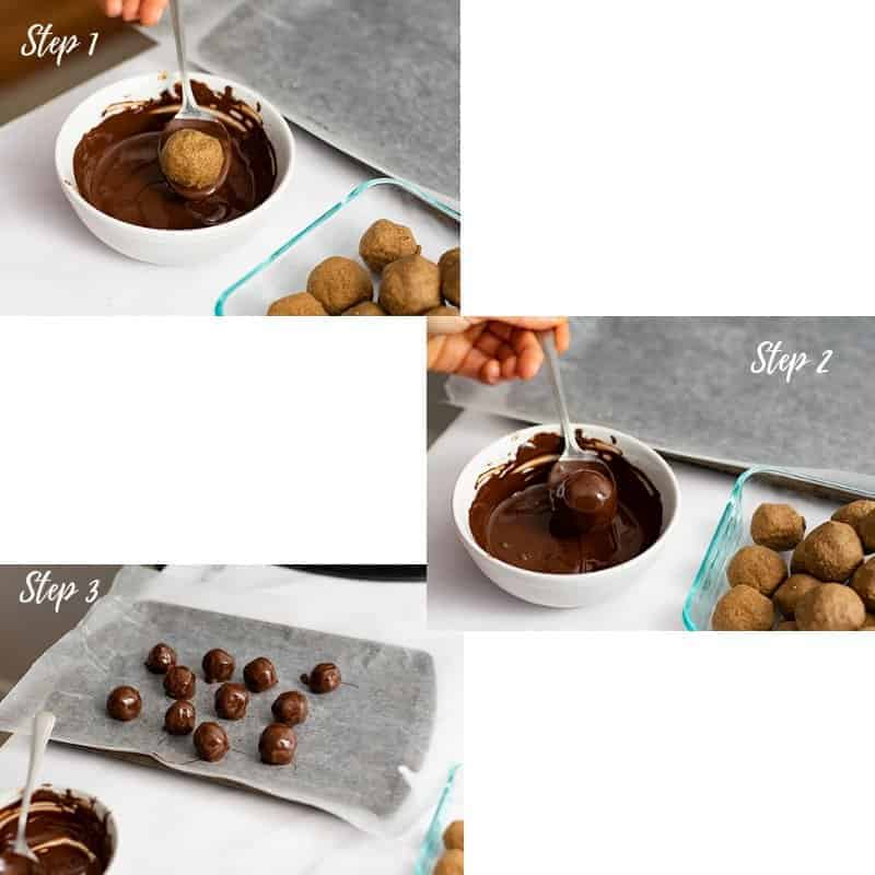 Steps on how to make gingerbread truffles by coating the gingerbread energy bites with chocolate