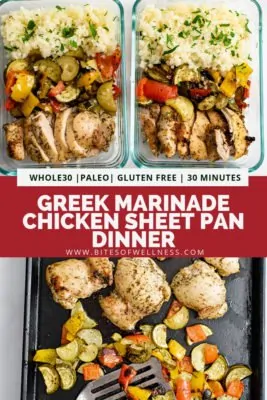 Pinterest pin for greek marinade chicken sheet pan dinner with meal prep chicken bowls in glass tupperware on the top of the pin and a photo of the chicken and veggies on a sheet pan on the bottom of the photo