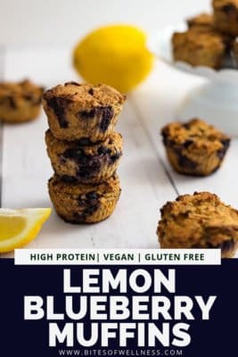 Protein Packed Lemon Blueberry muffins stacked on top of each other (3 total) with other lemon blueberry muffins in the background. Pinterest text on the bottom