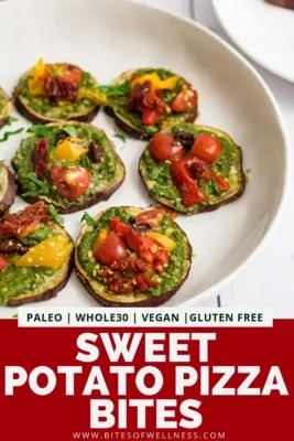 Plate filled with sweet potato pizza bites with pinterest text on the bottom