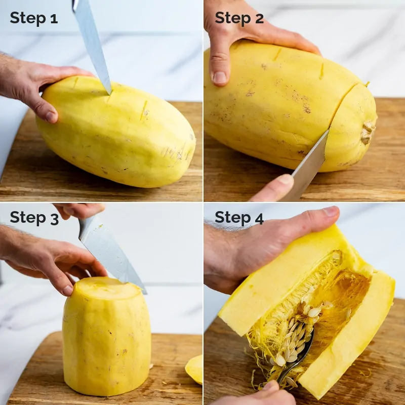 Collage for how to cut a spaghetti squash for cooking in the microwave or pressure cooker