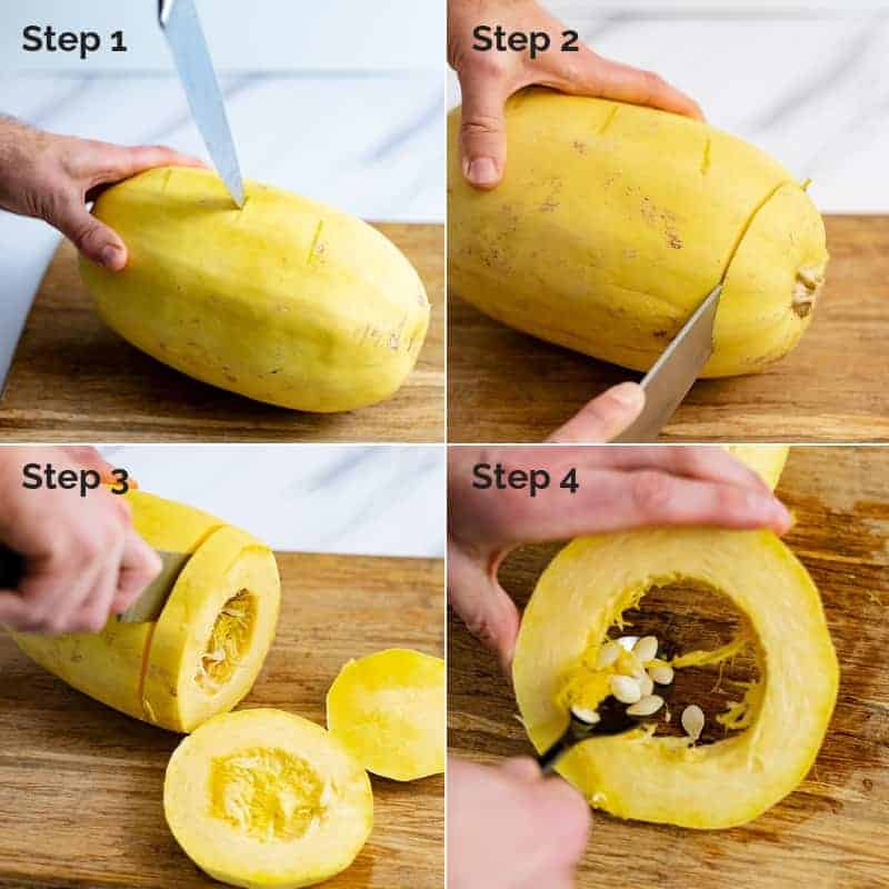 Collage for how to cut a spaghetti squash for oven roasting