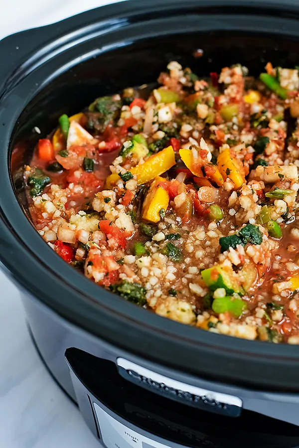 Crockpot full of low carb vegetable soup before cooking