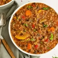 Overhead shot of large bowl of crockpot low carb vegetable soup