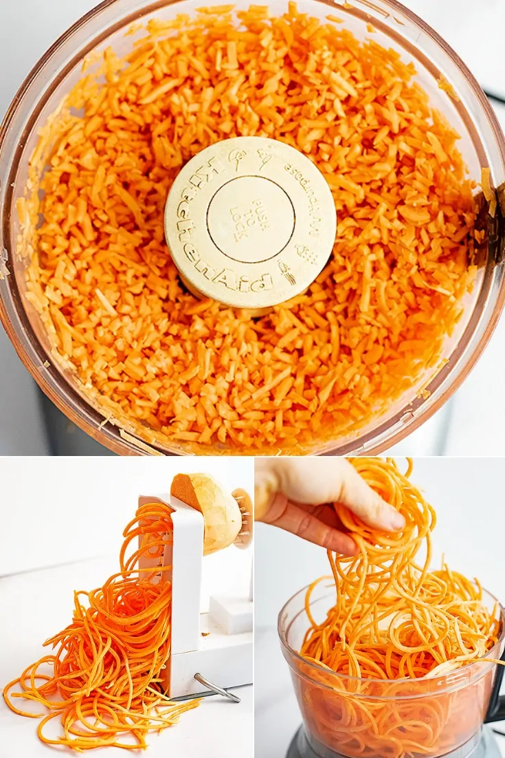 Steps on how to make sweet potato rice. Sweet potato rice in a food processor at the top, the bottom left has sweet potato noodles being made using a spiralizer and the bottom right shows the noodles in the food processor.