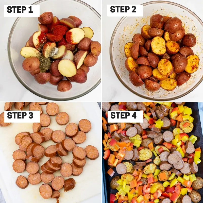 Collage how to make easy turkey kielbasa and potatoes sheet pan dinner
