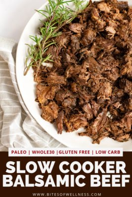 Large bowl filled with slow cooker balsamic beef over a brown striped napkin with pinterest text on the bottom of the photo