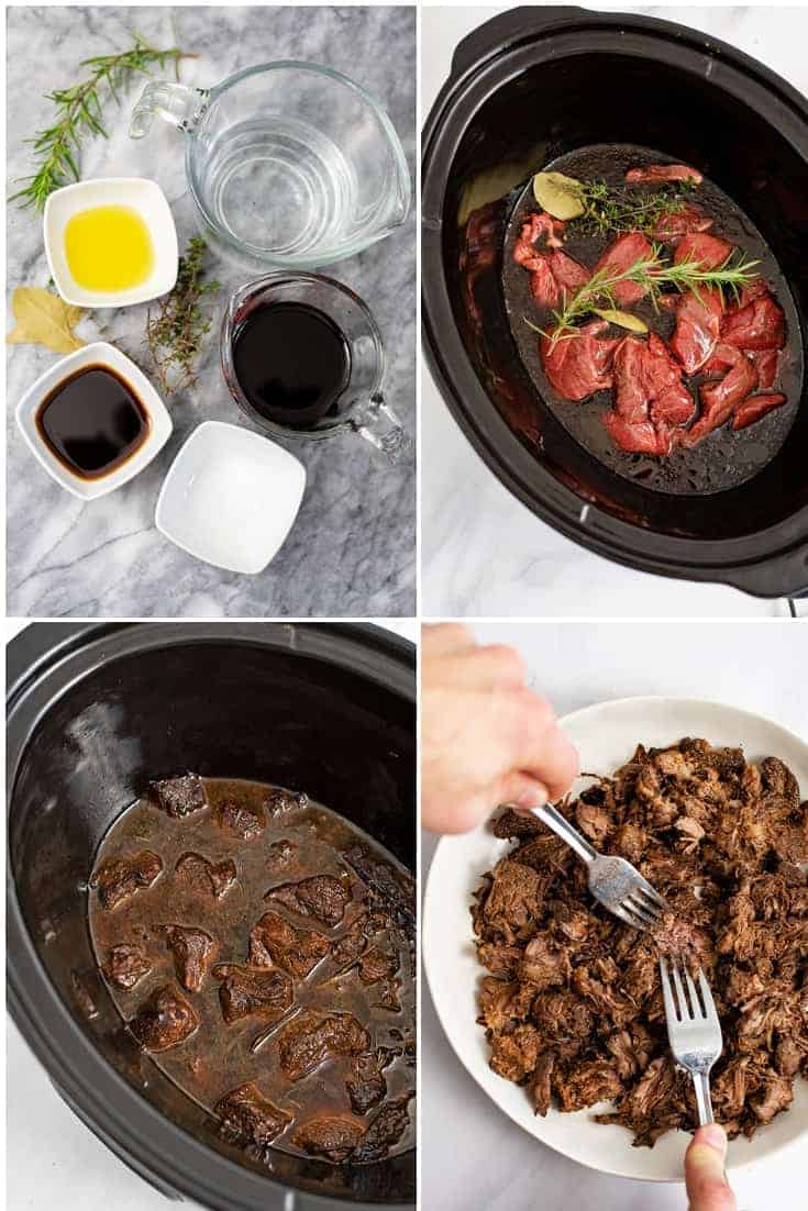 Steps to make the slow cooker balsamic beef - ingredients for the sauce, the beef in the slow cooker, the beef after slow cooking and shredding the balsamic beef