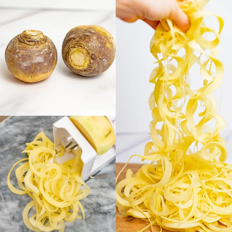 Collage of how to make spiralized rutabaga recipes: rutabaga, rutabaga on a spiralizer and rutabaga noodles