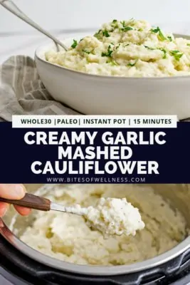 Pinterest pin with 1 photo of bowl of vegan garlic mashed cauliflower over a grey striped napkin on the top. Pinterest text in the middle and the bottom photo is an instant pot filled with vegan mashed cauliflower with a spoonful of mashed cauliflower on display