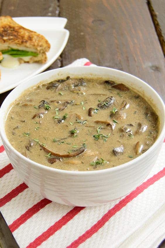 Large white bowl of mushroom soup over a red and white striped napkin