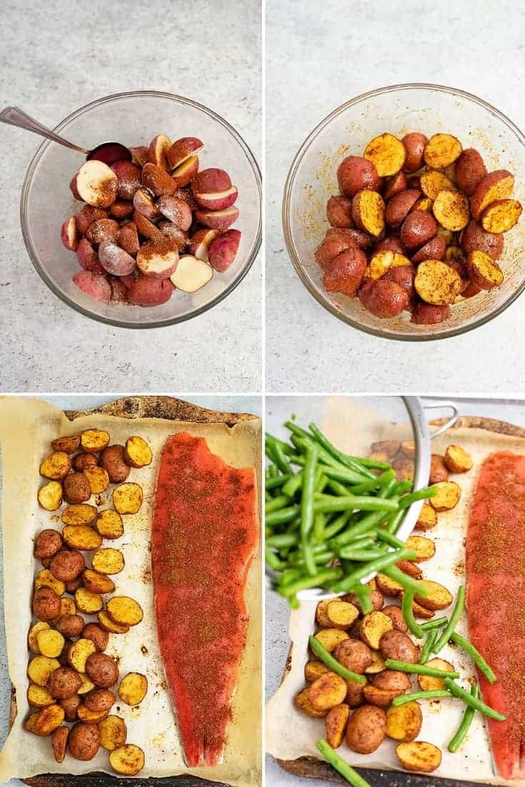 Steps to make the cajun salmon sheet pan meal (top left, add salt and cajun seasoning to potatoes, top right stir potatoes, bottom left add salmon to baking sheet after making potatoes, bottom right add green beans over potatoes)