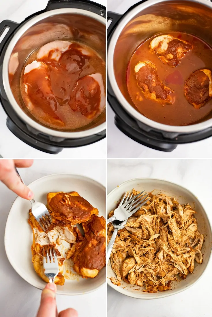 Steps to making instant pot bbq chicken (Top left: raw chicken covered in bbq sauce. Top right: the chicken after it is done cooking, before shredding in the instant pot. Bottom Left: the cooked chicken being shred on a white plate. Bottom right:The chicken fully shredded before adding it back to the sauce.)