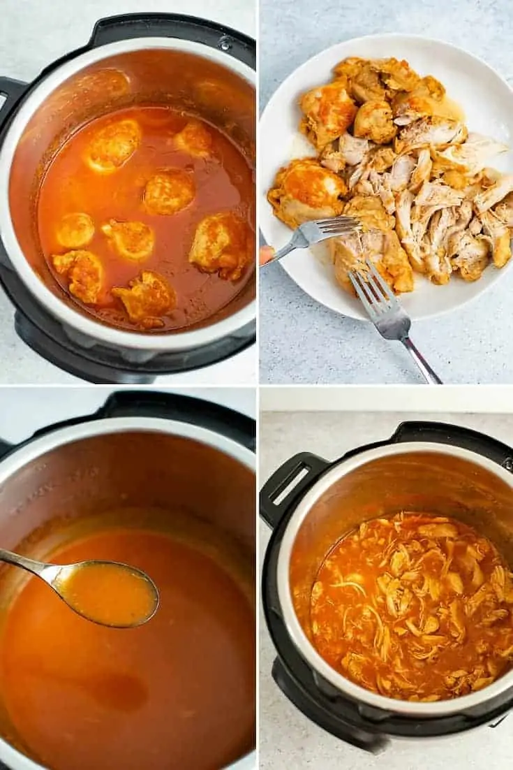 Collage of steps to make pressure cooker sweet and sour chicken thighs (top left: chicken thighs in sauce after cooking, top right, shredded chicken thighs, bottom left: thickening the sauce, bottom right, adding the chicken back to the thickened sauce)
