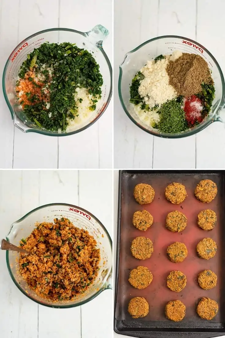 Steps to making sweet potato patties (top left glass bowl filled with sweet potato rice, cauliflower rice and frozen kale, top right: addition of almond flour, ground flax and spices, bottom left: the mixture all stirred up, bottom right, the mixture before baking)