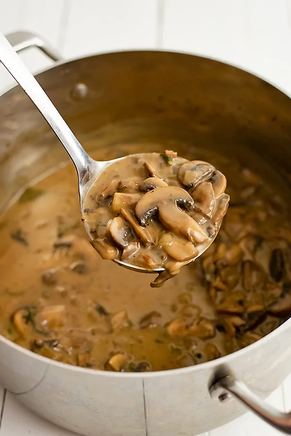 Silver ladle scooping a serving of homemade mushroom soup from a large pot