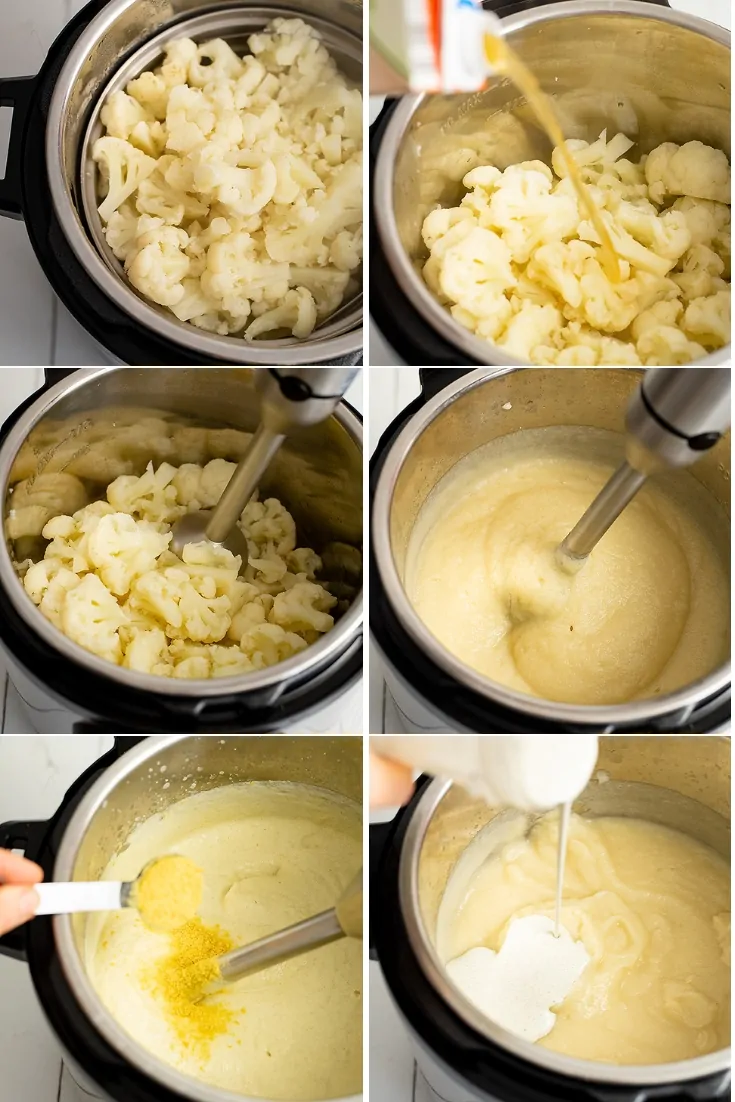 Beginning steps of making broccoli cauliflower soup (top left steamed cauliflower, top right, adding the vegetable broth, middle left immersion blender starting in the cauliflower, middle right the cauliflower mixture all pureed smooth. Bottom left is adding nutritional yeast and other spices and bottom right is the smooth cauliflower sauce before adding the broccoli