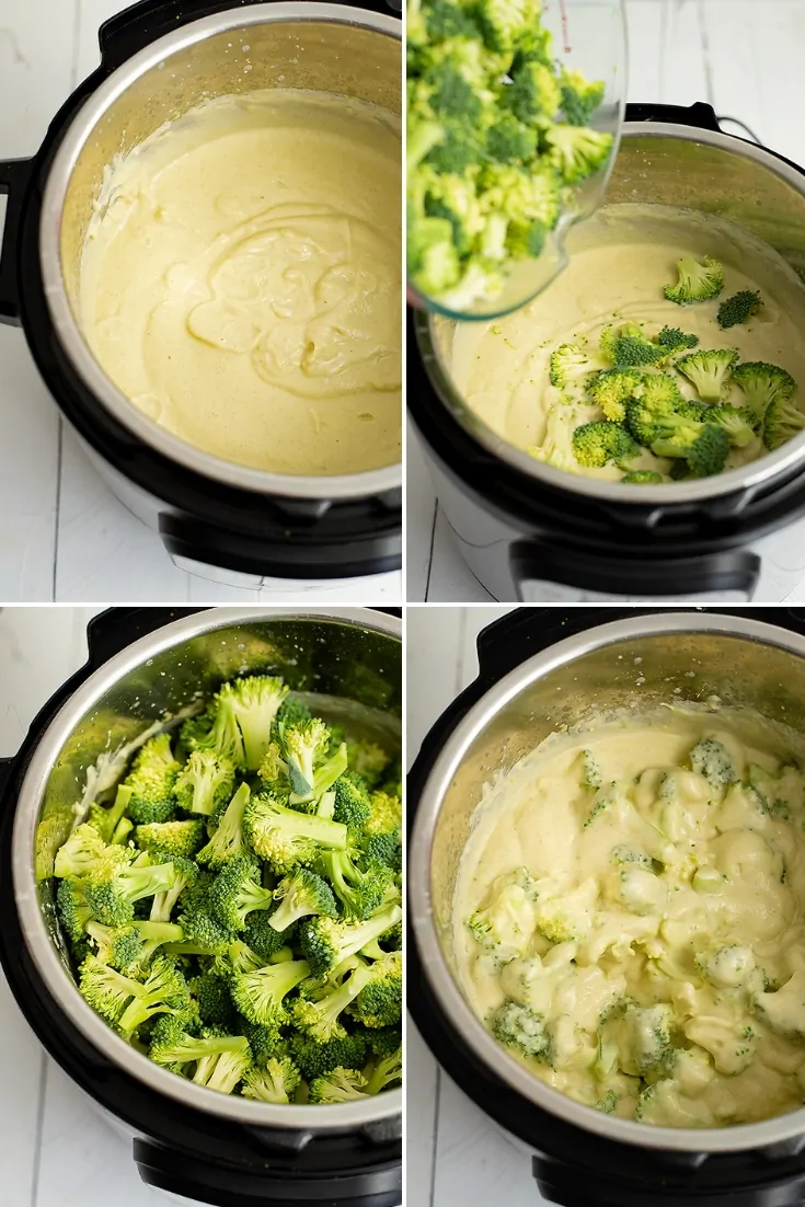 Last 4 steps for creating broccoli cauliflower soup (top left cauliflower puree, top right, adding the broccoli, bottom left, the pressure cooker filled with broccoli, bottom right, soup before pressure cooker of the broccoli)