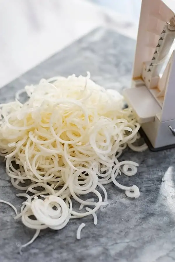 Spiralized daikon radish for low carb pasta recipe