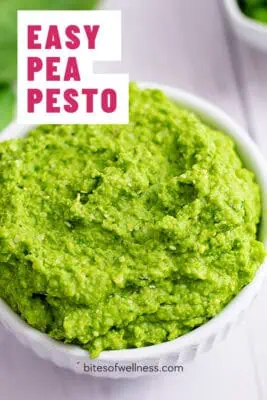 White bowl filled with pea pesto.
