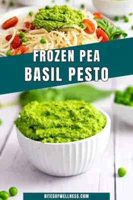 White bowl filled with pea pesto.