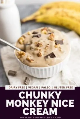 Bowl filled with chunky monkey nice cream with a banana in the background. Pinterest text on the bottom