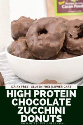 White bowl filled with high protein chocolate zucchini donuts with pinterest text on the bottom