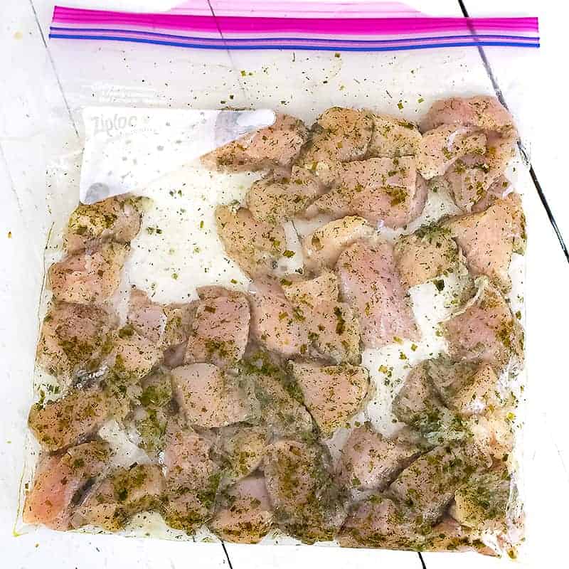 Zip lock bag filled with chicken and seasonings laying flat for marinating