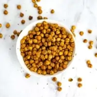 Overhead shot of a large white bowl filled with ranch roasted chickpeas