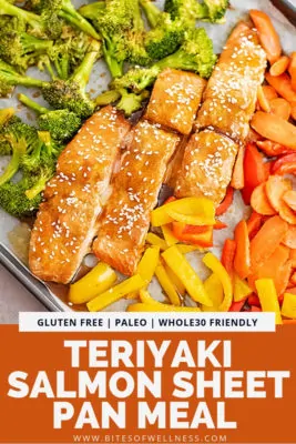 Overhead shot of baked teriyaki salmon and veggies. Sheet pan is tilted so that the entire pan is not in focus.. Pinterest text on the bottom