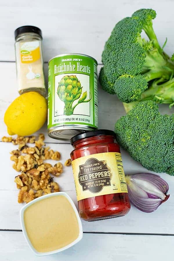 Ingredients for the crunchy broccoli salad and lemon tahini dressing