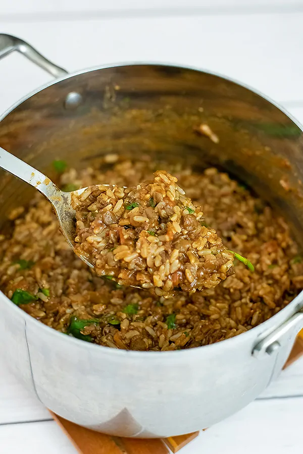 Large stainless steel pan filled with Mexican Rice and lentils after cooking.