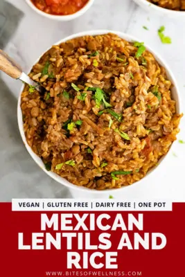 Overhead shot of a large bowl filled with Mexican Rice and Lentils with a wooden handled spoon in the left top side of bowl over a grey napkin. Pinterest text on the bottom