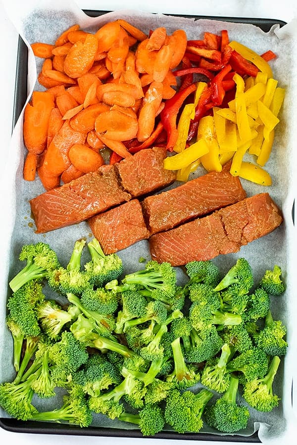 Teriyaki salmon and vegetables before baking