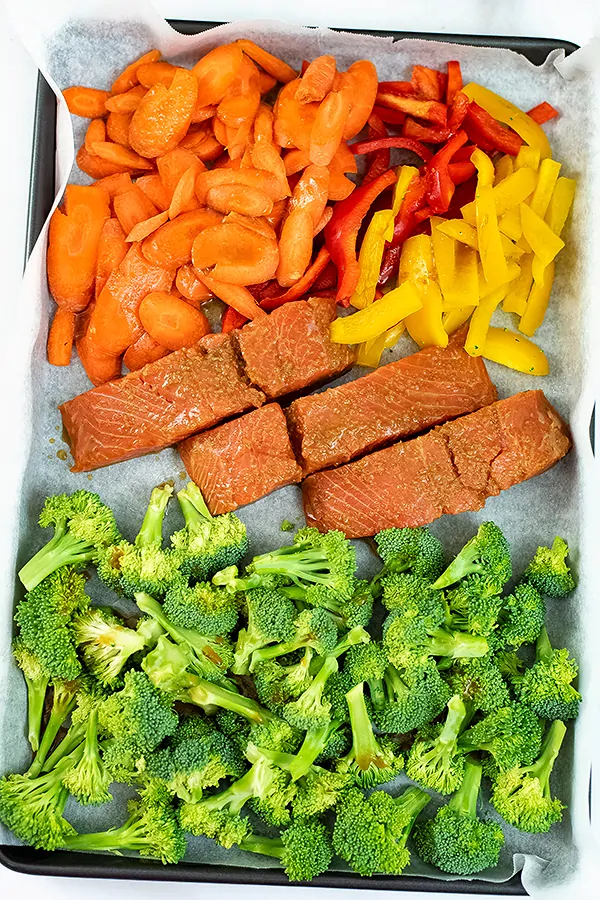 Teriyaki salmon and vegetables before baking