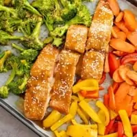 Close up of baked teriyaki salmon surrounded by chopped vegetables (broccoli, carrots, bell peppers).
