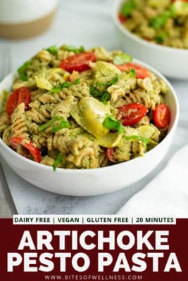 Bowl of Artichoke Pesto Pasta with pinterest text at the bottom