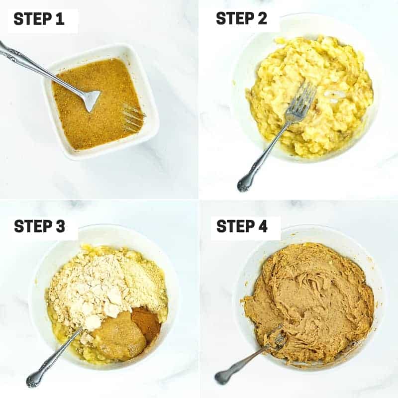 Steps 1-4 on how to make single serve blueberry banana bread 