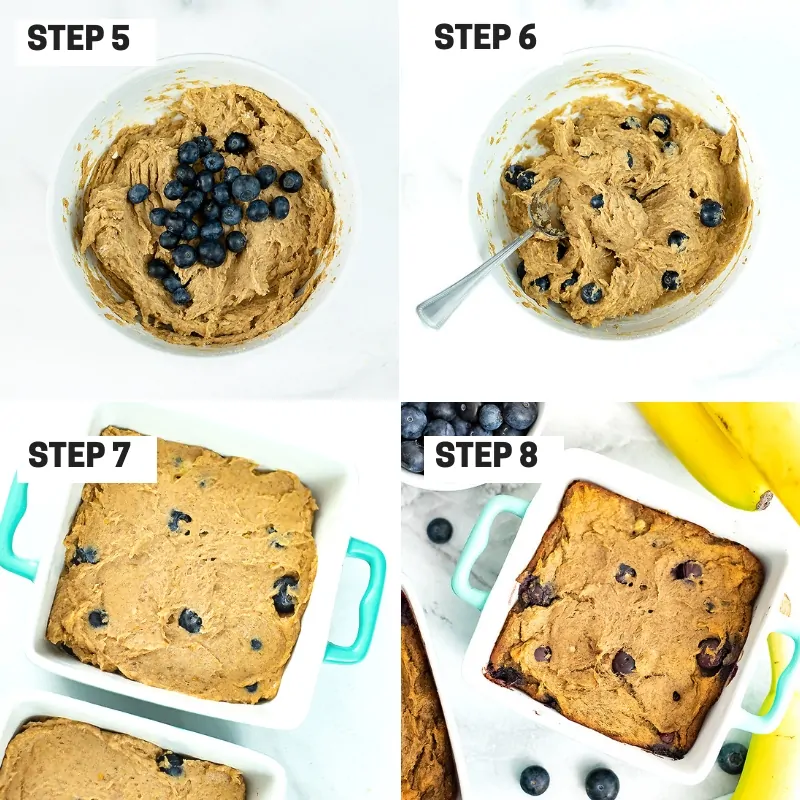 Steps 5-8 on how to make single serve blueberry banana bread 