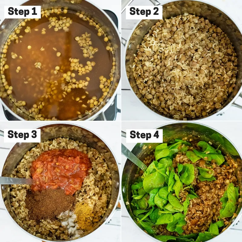 Collage of how to make Mexican Lentils and Rice