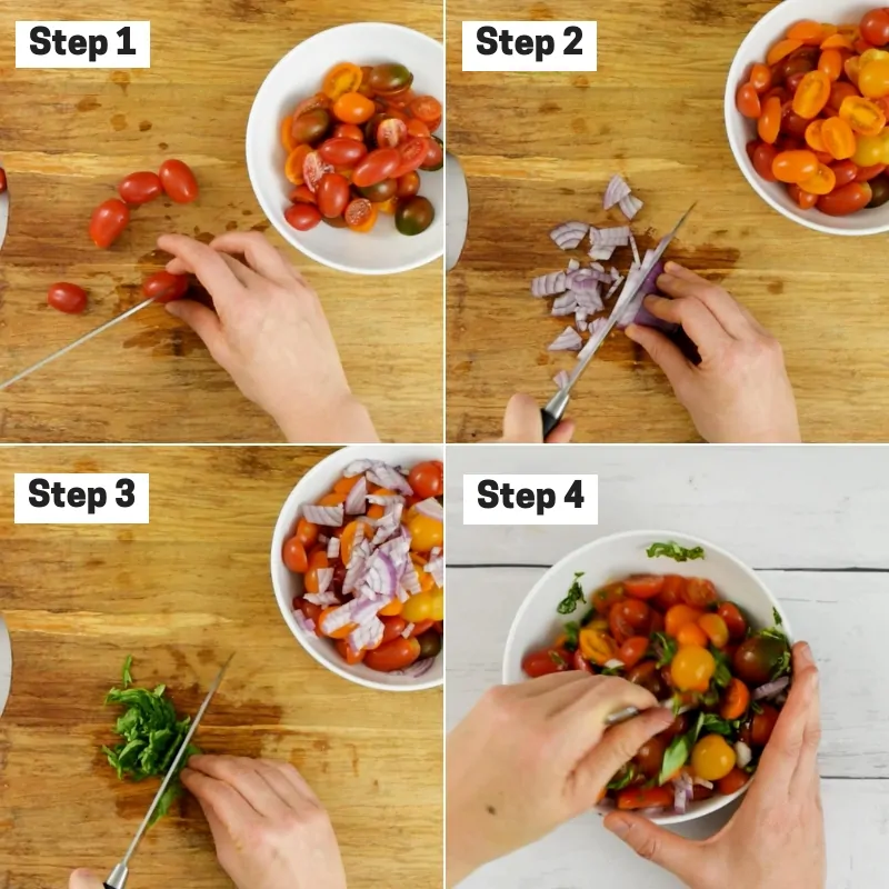Collage of how to Tomato Basil Salad