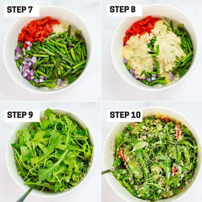 Steps 7-10 on how to make asparagus salad with creamy tahini dressing