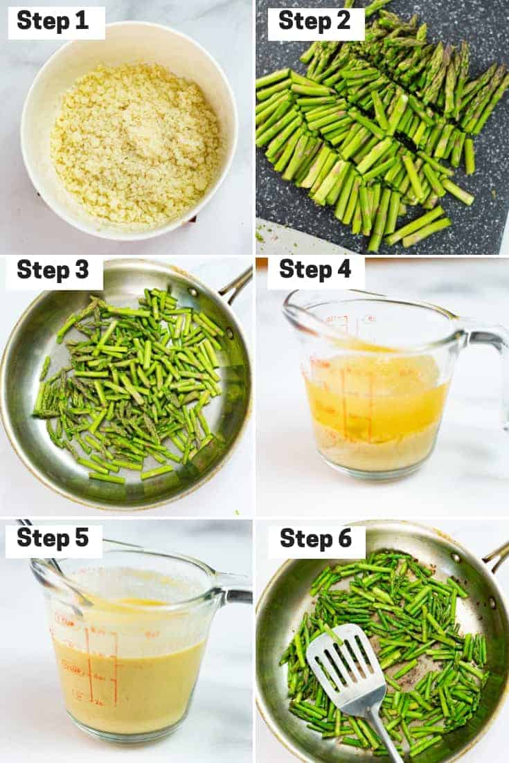 Steps 1-6 on how to make asparagus salad with creamy tahini dressing
