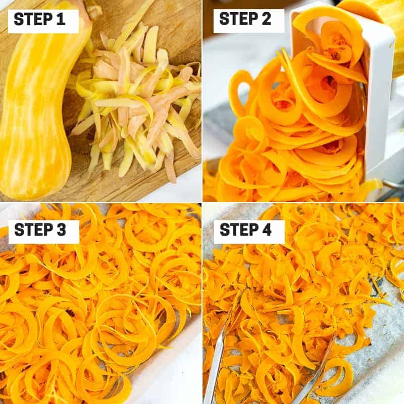 Steps 1-4 on how to make creamy garlic butternut squash noodles