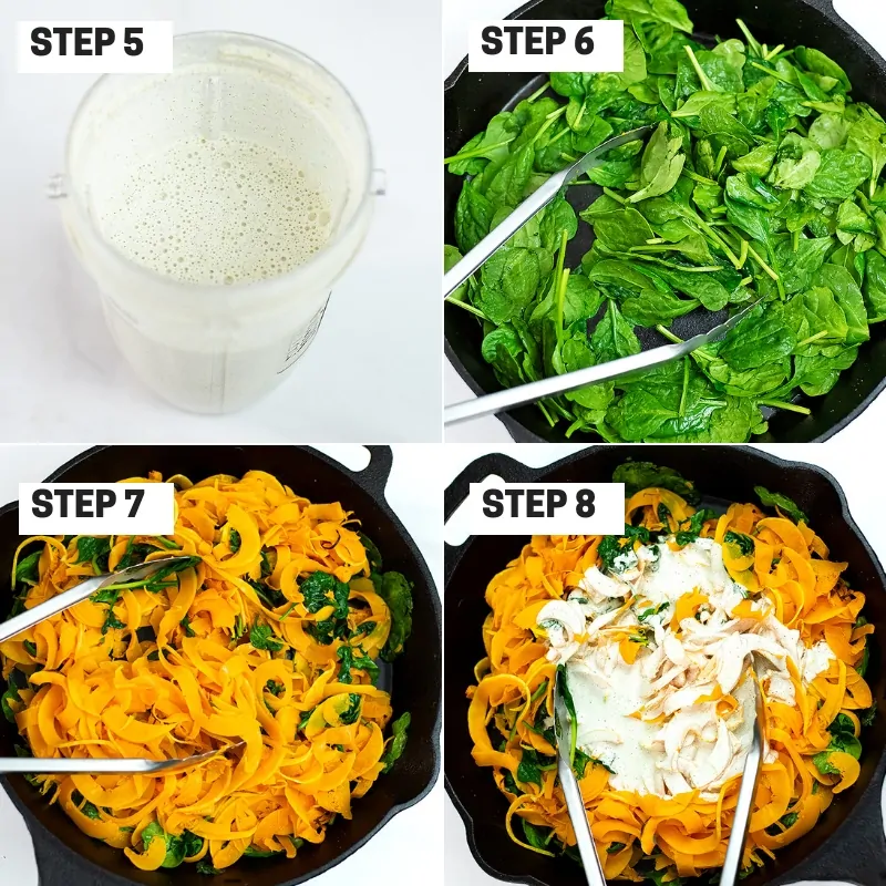 Steps 5-8 on how to make creamy garlic butternut squash noodles