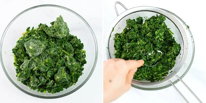 Frozen spinach and defrosted spinach in a colander.