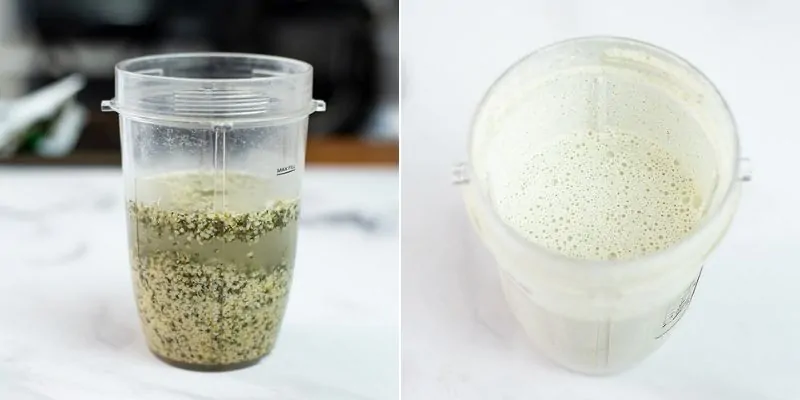 Collage of how to make creamy garlic sauce in high speed blender